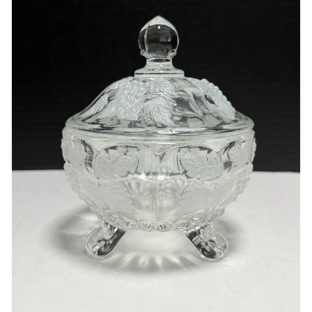 Vintage Westmoreland Paneled Grape Leaf Clear Glass Footed Candy Dish with Lid